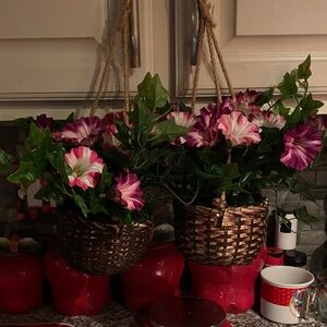 Hanging Wicker Baskets with Violet and White Flowers